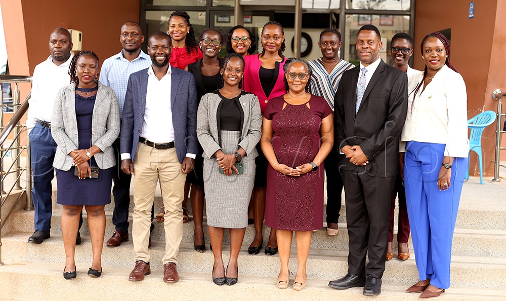 The Deputy Executive Director of the Uganda National Bureau of Standards (UNBS), Patricia Bageine Ejalu (3rd right), and Jubilee Dental Clinic General Manager James Magara (2nd right) during a handover ceremony held at the Bureau's head offices in Bweyogerere on February 25. (Credit: Alfred Ochwo)  