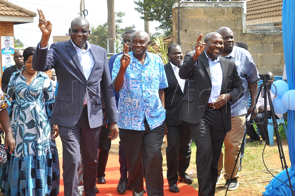 (L-R) Patrick Oboi Amuriat, Jack Sabiiti FDC National Chairperson, James Nandala Mafabi and other officials arriving at FDC headquarters Najjanankumbi on July 30, 2025.(Photo by Nancy Nanyonga)