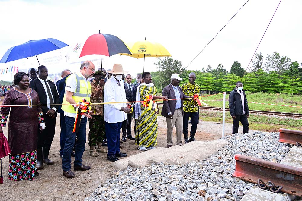 President Yoweri Museveni flanked by the Vice President Jessica Alupo and several ministers at the commissioning of the SGR construction project in Tororo District in November 2024.