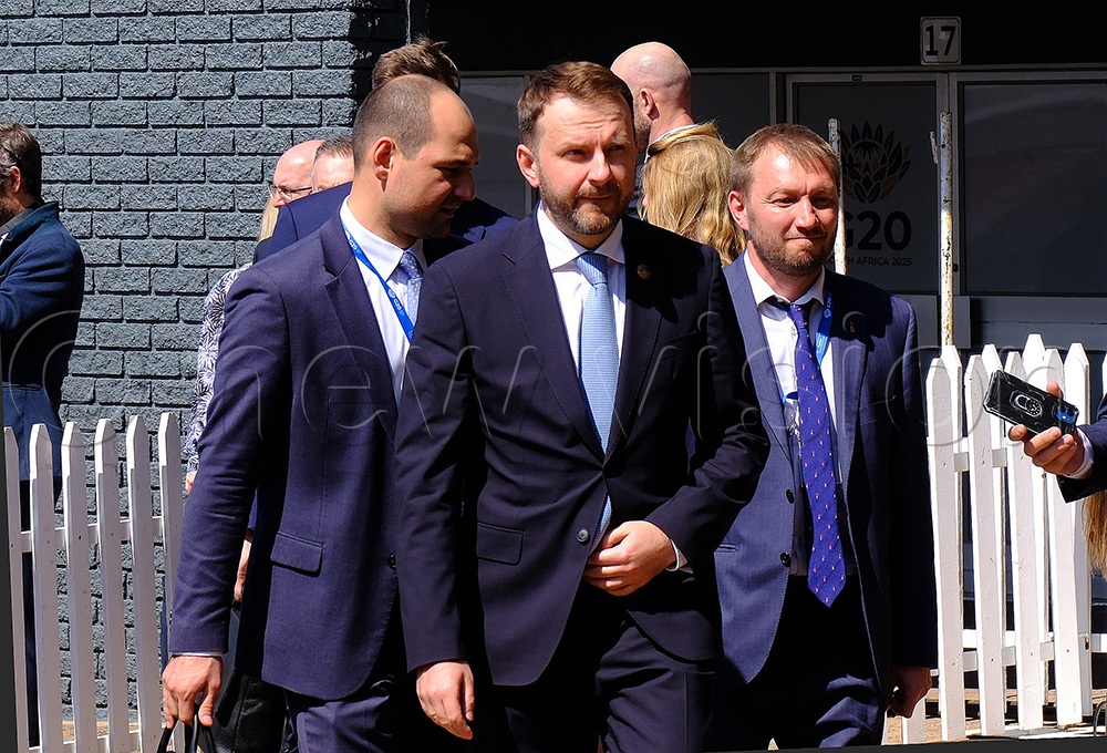 (center-front) Oreshkin Maxim, Deputy Chief of Staff of the Presidential Executive Office, Head of Russian delegation arriving for the press conference after the closing ceremony of the G20 leaders’ summit in Johannesburg, South Africa, on November 23, 2025. (Credit: Hajarah Nalwadda)