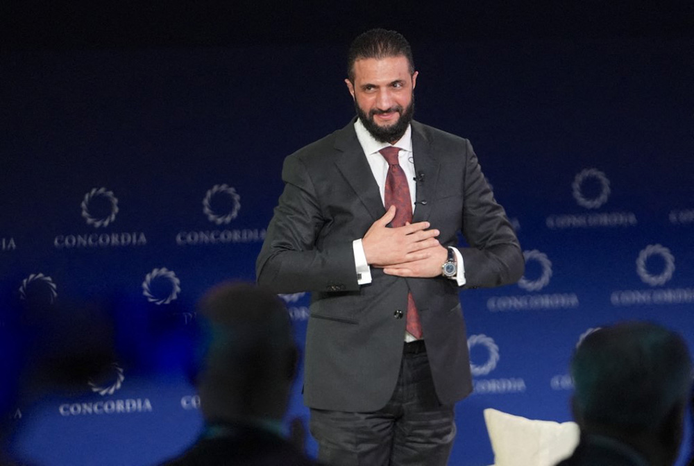 Syrian President Ahmed al-Sharaa delivers a speech during Concordia's 15th Annual Summit in New York City, United States, on September 22, 2025. (Photo by Selcuk Acar / Anadolu via AFP)