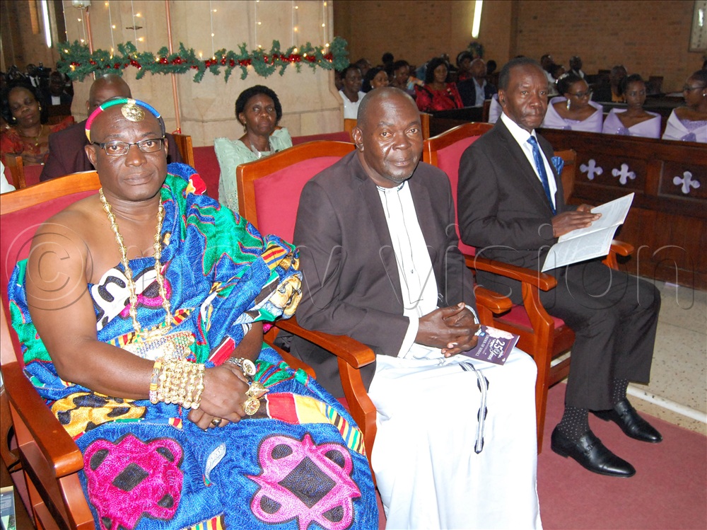 The visiting "Son of the Soil" of Ekumfi Otuam of Ghana, His Royal Highness Charles Henry Woode (left), Hon Zephaniah Sseninde (second-left) and the Speaker of the Great Buganda Lukiiko, Patrick Luwaga Mugumbule (right) during the thanksgiving service of the Mazingas at Namirembe Cathedral on December 30, 2025.