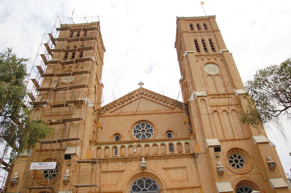 A close front view of Lubaga Cathedral under renovation. (Photo by Mathias Mazinga)