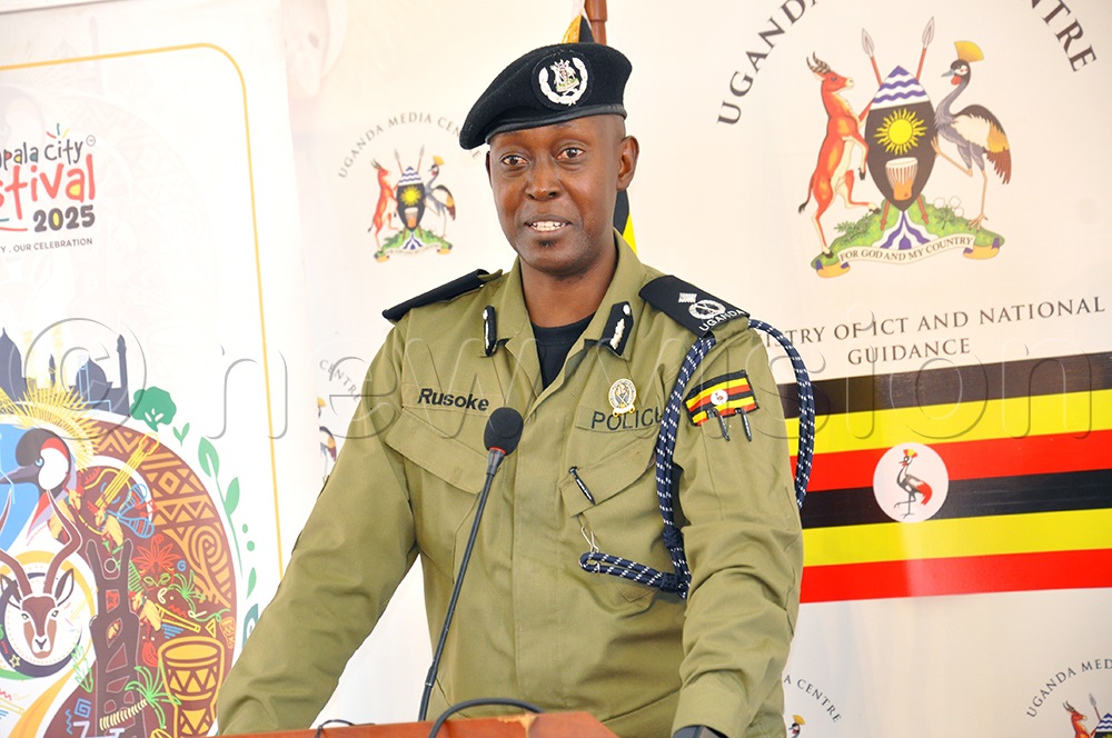 Rusoke Kituuma, the Uganda Police Spokesperson addressing journalists during a press conference at the Uganda Media Center on October 2, 2025. (Photo by Nancy Nanyonga)
