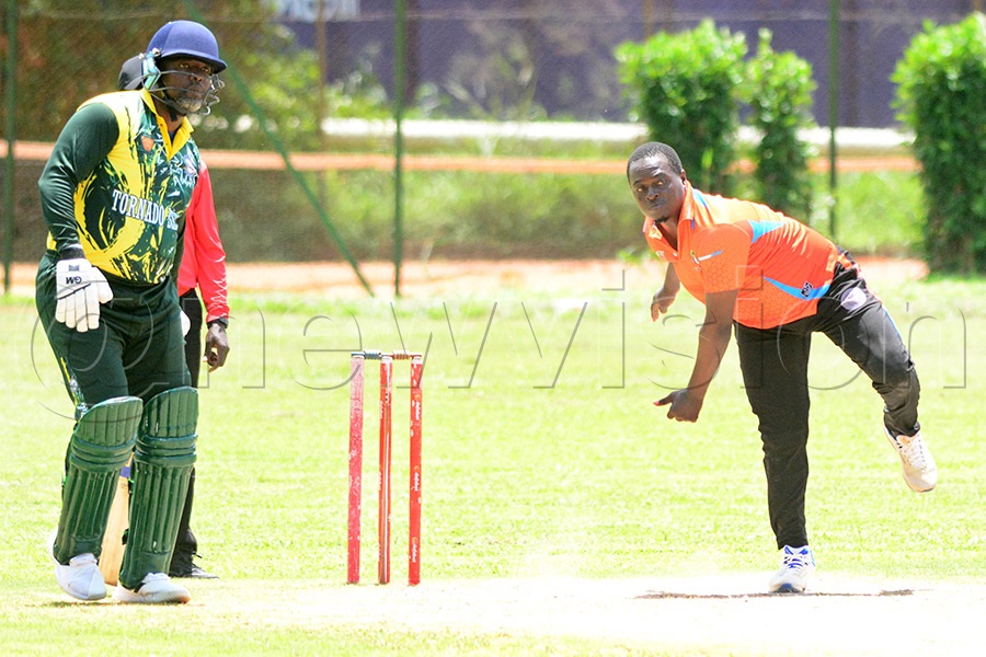 GM Sugar's Henry Ssenyondo in action against the Tornado Bees' during a league match at the Lugogo Cricket Oval, April 19, 2026. GM Sugar won by 4 wickets. Photo by Michael Nsubuga
