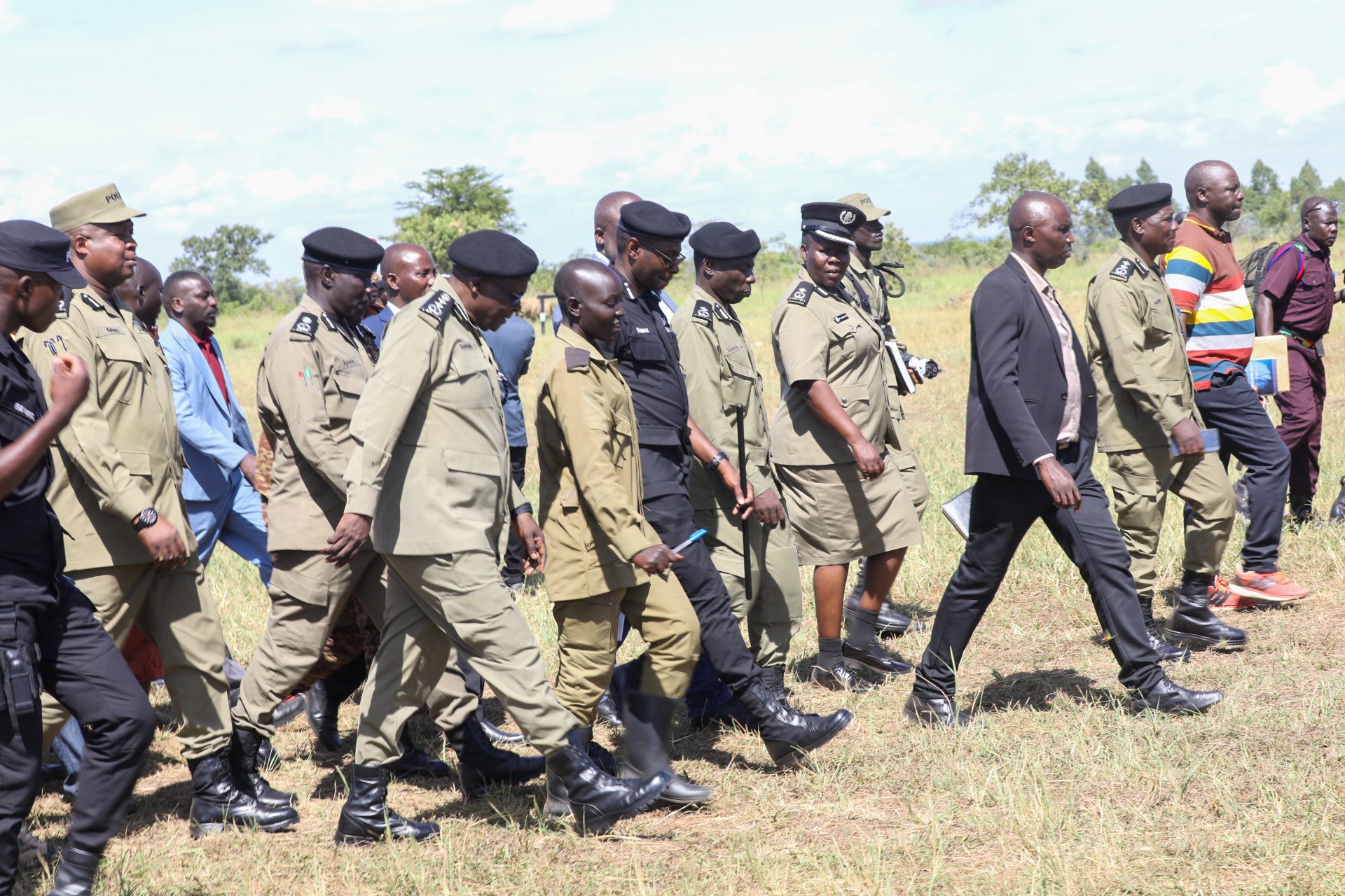 IGP Abas Byakagaba (Centre) and other senior security officers during the pass-out ceremony of Private Security Guards at the Police Training School, Ollilim in Katakwi.