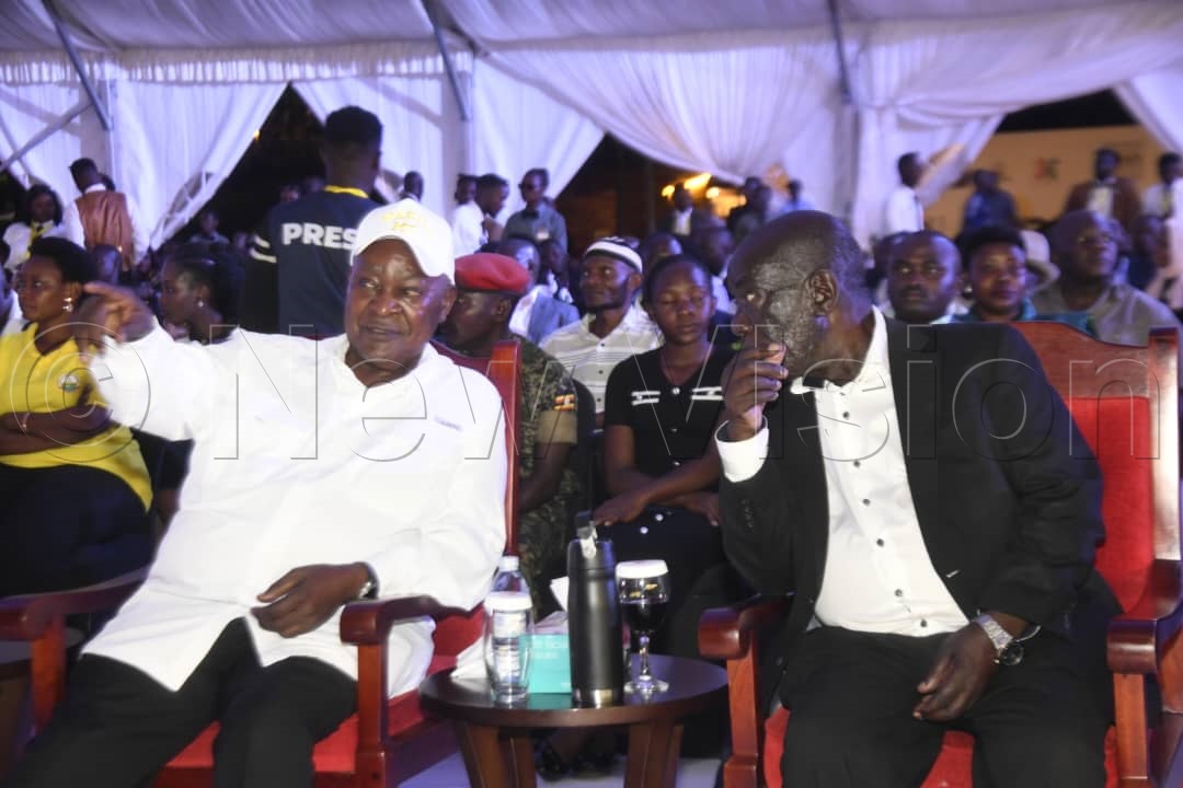 Former Vice presidents; Edward Kiwanuka Ssekandi and Dr Gilbert Bukenya at the launch.