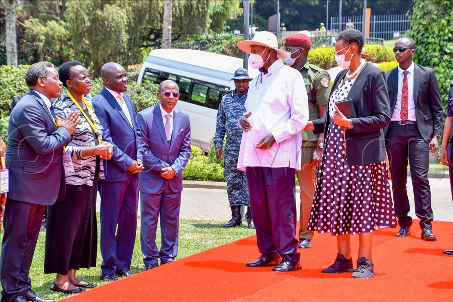 President Yoweri Museveni and First Lady and Minister of Education and Sports Janet Museveni chat with (thrid left to right) Professor Gaspard Banyankima, Executive Secretary · Inter-University Council for East Africa, Dr. Kedrace Turyagyenda, Permanent Secretary of Uganda's Ministry of Education and Sports, Andrea Ariik Malueth, Deputy Secretary General of the East African Community(EAC) and State Minister for Higher Education, John Chrysostom Muyingo during the 1st Regional Ministerial Conference on the EAC Common Higher Education Area at Speke Resort Munyonyo on 09 September 2025. (All Photos by Miriam Namutebi)