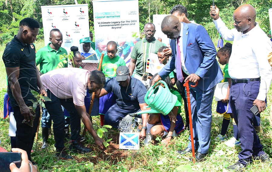 Commonwealth Games Association of Uganda president Donald Rukare (squatting-center) plants a tree alongside  Member of Parliament for Bulambuli County Biara Emmanuel Wepukhulu (in suit)  and Derrick Rukundo (2nd left) the Regional Central Forest Officer at Najjembe in Mabira forest, June 4, 2026. Photo by Michael Nsubuga