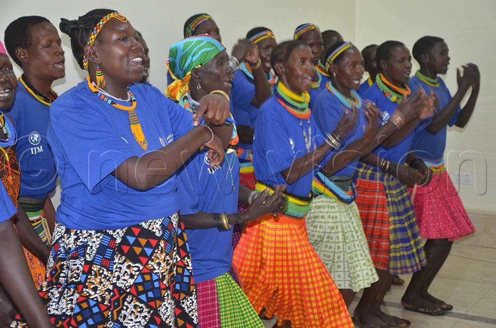 GBV survivors perform at the launch of the global survivor network at Hotel Africana in Moroto. (Credit: Olandason Wanyama)