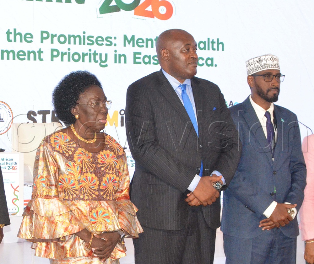 (L-R) First Deputy Prime Minister and Minister for East African Community Affairs Rebecca Alitwala Kadaga, Health Minister Dr Chris Baryomunsi, and Somali Embassy Deputy Ambassador to Kampala Amb. Abdilatif Ali pose for a photo during the Second East African Mental Health Summit at Speke Resort Munyonyo. (Photo by Violet Nabatanzi)