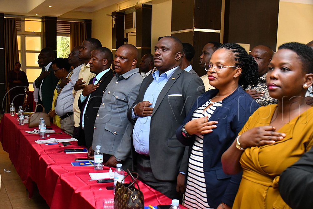 Some of the RDCs singing the Busoga Anthem at the closing ceremony of their workshop at the Source of the Nile Hotel in Jinja City on August 19th. (Photo by Donald Kiirya)