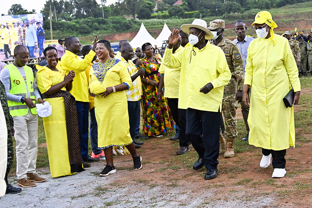 President Museveni accompanied by First Lady and Minister of Education and Sports Maama Janet Museveni, welcomed by district leaders.