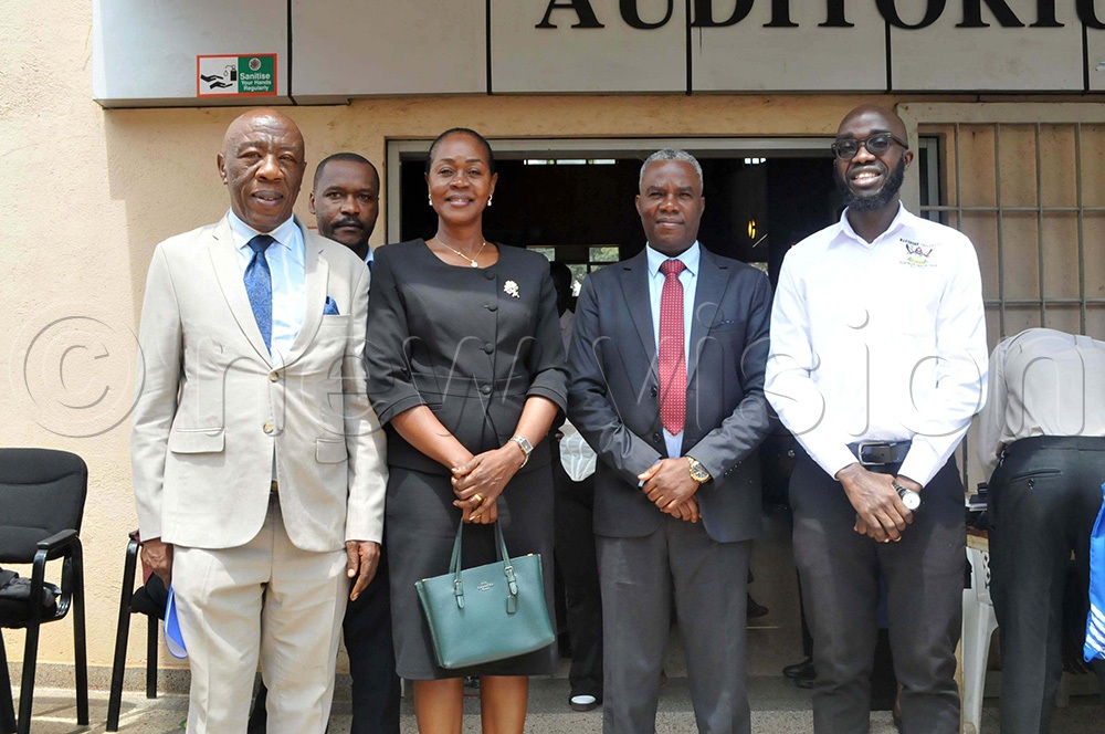 (L-R): Henry Arinaitwe, the Deputy Vice Chancellor, Makerere University, with Winifred Kabumbuli, the Dean of Students, Makerere University, Gervais Ndayizeye, the Senior Exchange and Programmes Officer, Inter University Council for East Africa and Arthur Akatwijuka, the chairperson of the Makerere University Debate Union, at the opening ceremony of the East Africa Debate at Makerere University on 27th July 2026. (Photo by Nicholas Oneal)