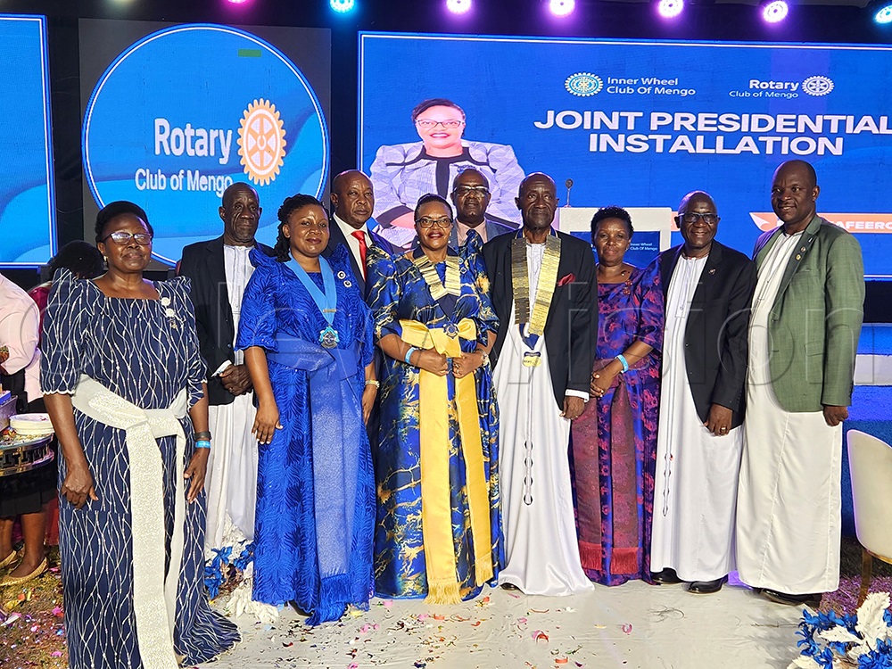 Monica Byarugaba (third from left), the newly installed president of Inner Wheel club of Mengo and Fred Kafeero (fourth from left), the newly installed President for the Rotary Club of Mengo, posing for a group picture with some of the dignitaries at their joint installation event. This was at Pope Paul Memorial Hotel, Rubaga, Kampala, on May 15, 2026. (Photo by Lawrence Mulondo)