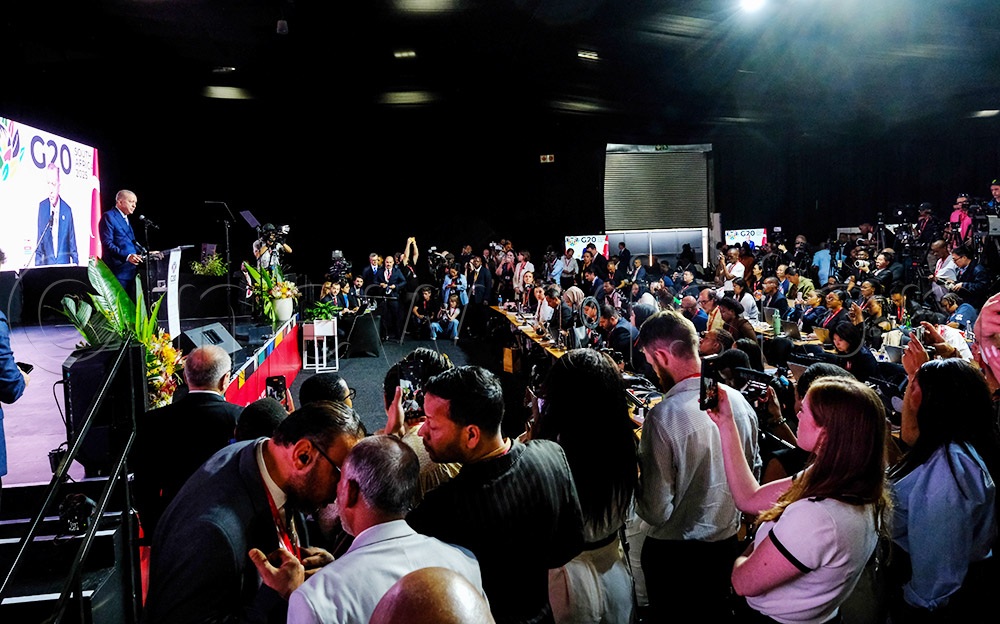 Turkish President Recep Tayyip Erdoğan speaking during the press conference after the closing ceremony of the G20 Leaders’ Summit in Johannesburg, South Africa, on November 23, 2025. (Credit: Hajarah Nalwadda)