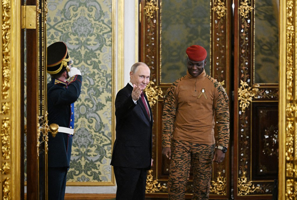 resident of Russia Vladimir Putin meets with President of Burkina Faso Ibrahim Traor during celebrations of the 80th anniversary of Victory in the Great Patriotic War in Moscow, Russia on May 10, 2025. (AFP)