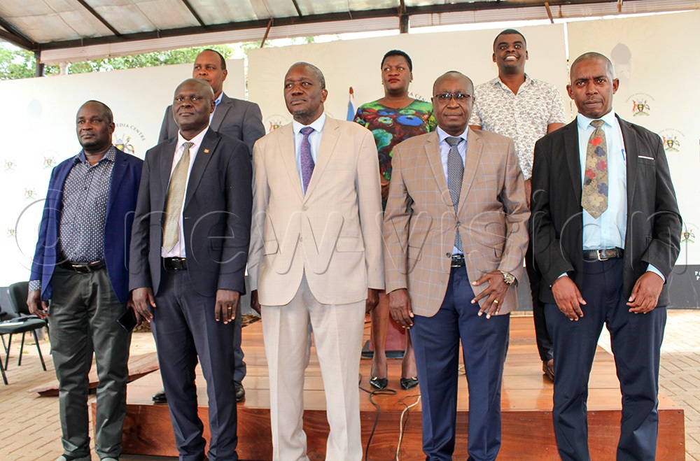 Alfred Okot Okidi, Permanent Secretary Ministry of water and environment poses for a photo moment with other delegates during the press conference held on 29th May 2026. (Photo by Bridget Ahurira)