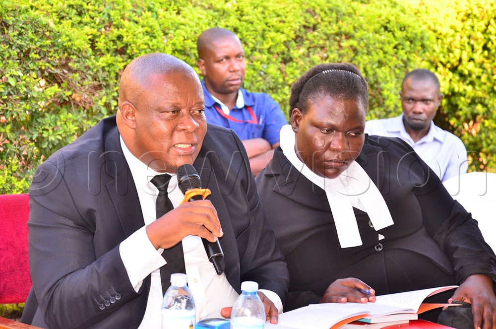 The town clerk, Umar Lutalo and the Jinja City legal officer, Gertrude Nabirye, who had turned up to preside over the swearing-in of the speaker for Jinja City Northern Division in Bugembe on Friday, July 3, 2026. (Photo by Jackie Nambogga)