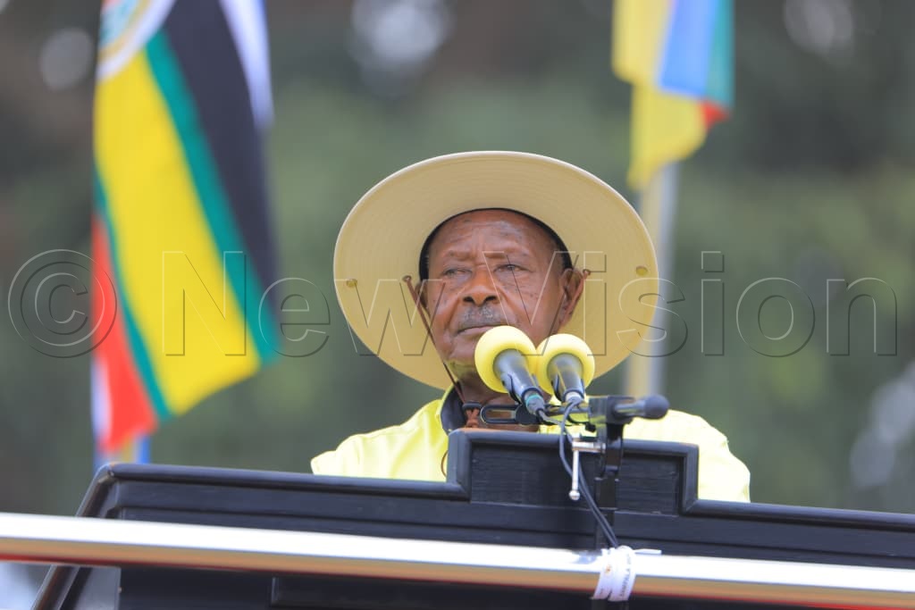 President Yoweri Museveni, the National Resistance Movement (NRM) presidential flag bearer, addressing supporters during a campaign rally in Bukedea District. (Photo by Simon Peter Tumwine)
