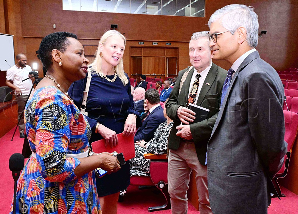 L-R: Col Edith Nakalema, head of the state house investors protection unit (SHIPU), H.E. Lisa Chesney, British High Commissioner to Uganda, Eng. Lars Jensen, Secretary, British Chamber of Commerce in Uganda and H.E. Upender Singh Rawat, the Indian High Commissioner to Uganda, interacting as the trade and investment delegations from the Westminster Africa Business Association, South Asia chamber of Commerce and Industry and UAE visited the Prime Minister, Rt Hon. Robinah Nabbanja (not in the picture) at OPM on Tuesday, February 17, 2026. (Photo by Mpalanyi Ssentongo)