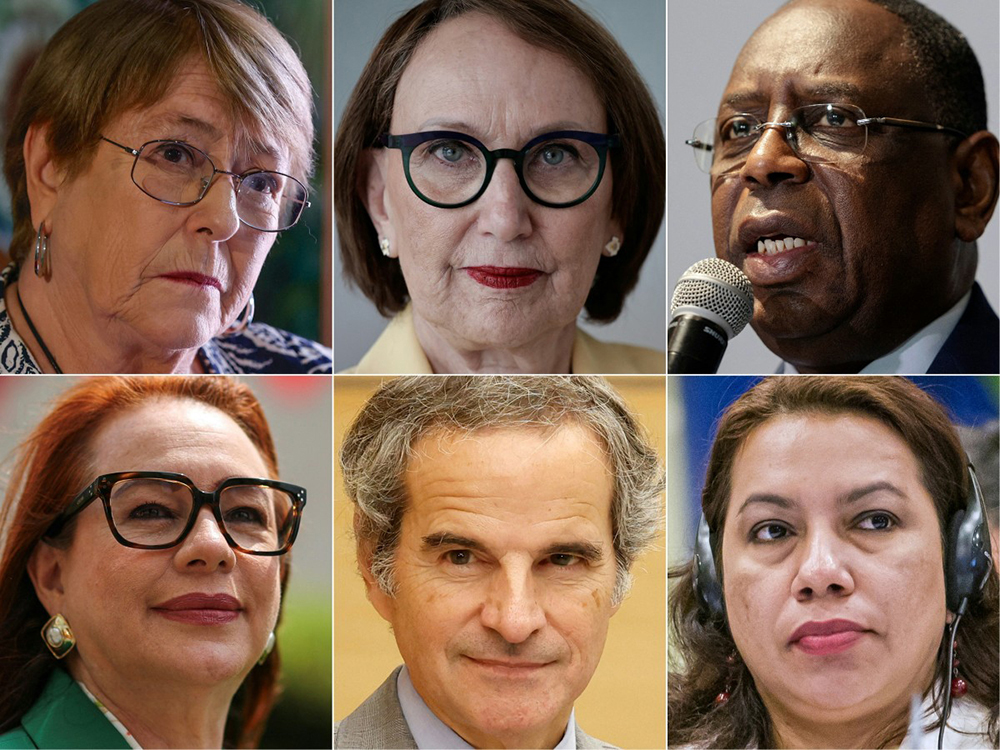 L/R starting clockwise in upper L, Chile's former president Michelle Bachelet, Costa Rican economist Rebeca Grynspan, former Senegalese President Macky Sall, former Ecuadorian foreign minister Maria Fernanda Espinosa, Director General of the International Atomic Energy Agency (IAEA) Rafael Mariano Grossi, and former Guyana Foreign Minister Carolyn Rodrigues-Birkett. The six are candidates for the position of United Nations Secretary-General. (AFP Photo)