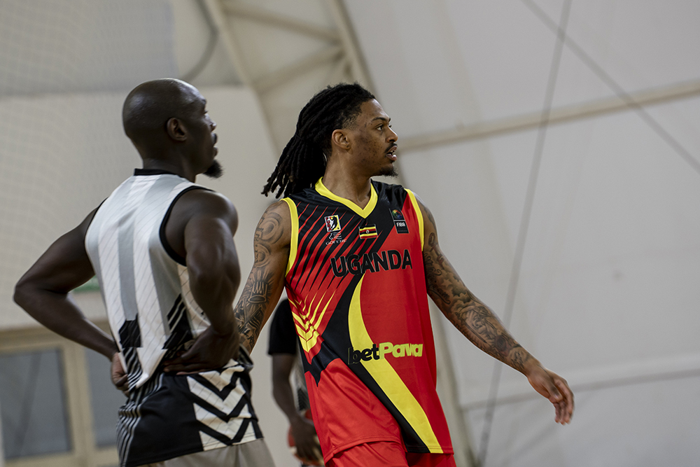 Debutant Nike Dejur Sibande (middle, in red jersey) trains with his Uganda Silverbacks teammates during preparations for the FIBA Basketball World Cup 2027 African Qualifiers in Alexandria, Egypt. (Courtesy)