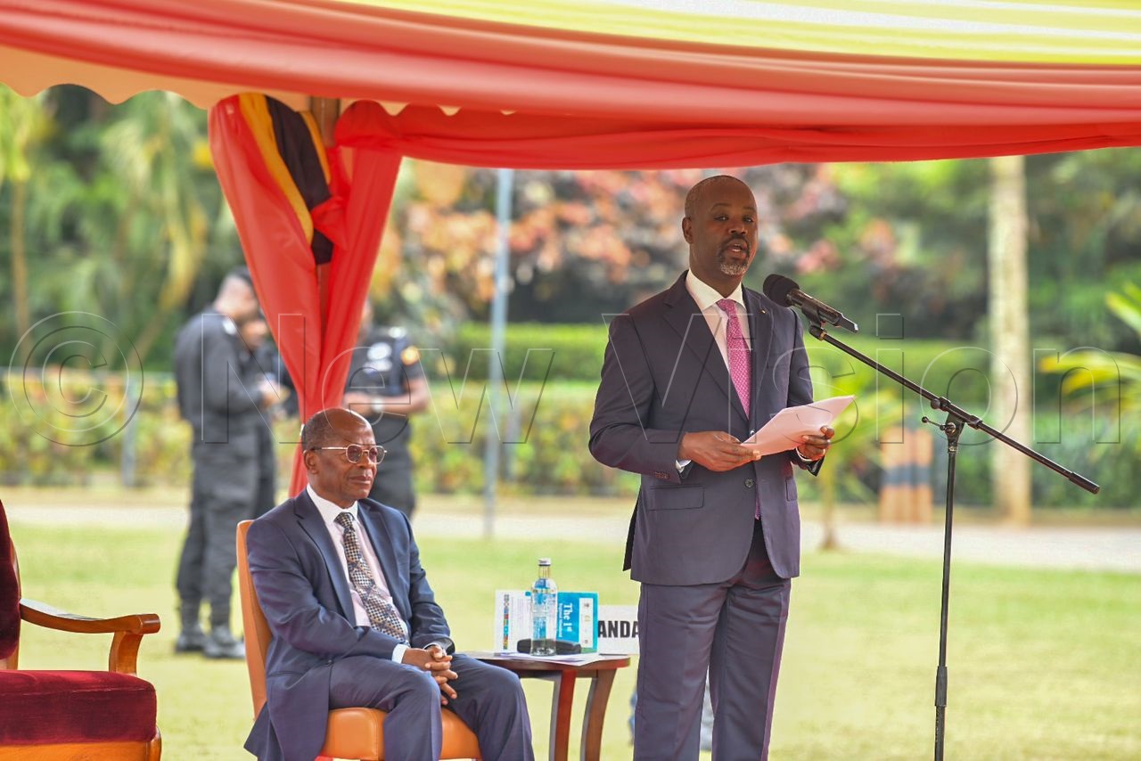 Deputy Speaker of Parliament, Thomas Tayebwa speaking at the closing ceremony of the 1st Regional Ministerial Conference on the EAC Common Higher Education Area at Speke Resort Munyonyo. (Credit: Miriam Namutebi)