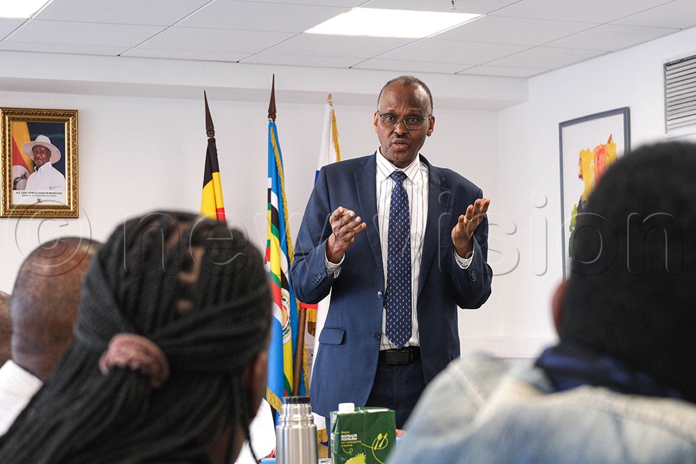 Gideon Rutazindwa, Deputy Head of Mission, Uganda Ambassador to Russia speaking during the preparation meeting with Uganda Tour and Travel Operators exhibiting in the Moscow International Travel and Tourism expo in Moscow. This happened at the Uganda Embassy in Moscow, on March 8 2026. 