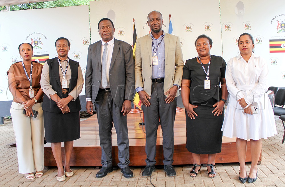 (L-R): Loretah Mutoni, Communications Specialist; Immaculate Ampeire, Principal Medical Officer; Charles Olaro, Director General of Health Services; Patrick Ajuna, Senior Medical Officer; Munganga Maria, Senior Nursing Officer; and Aburahmi Kananathan, Technical Assistant at the Ministry of Health Uganda, during a press briefing at the Uganda Media Centre in Kampala on April 30, 2026. (Photo by Bridget Ahurira)