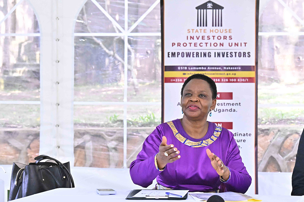 State House Investors Protection Unit (SHIPU) Head Col. Edith Nakalema making her remarks during a meeting with Yoshino Trading Ltd CEO Shamsake Nakamishi and his team at SHIPU offices in Kampala. (Photos by PPU/Tony Rujuta)