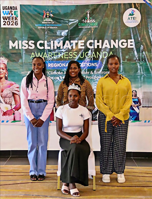 Angella Mutesi, the winner of the Eastern Miss Climate Change, and the runner-up contestants pose for the photo during the function at Mount Elgon Hotel. 
