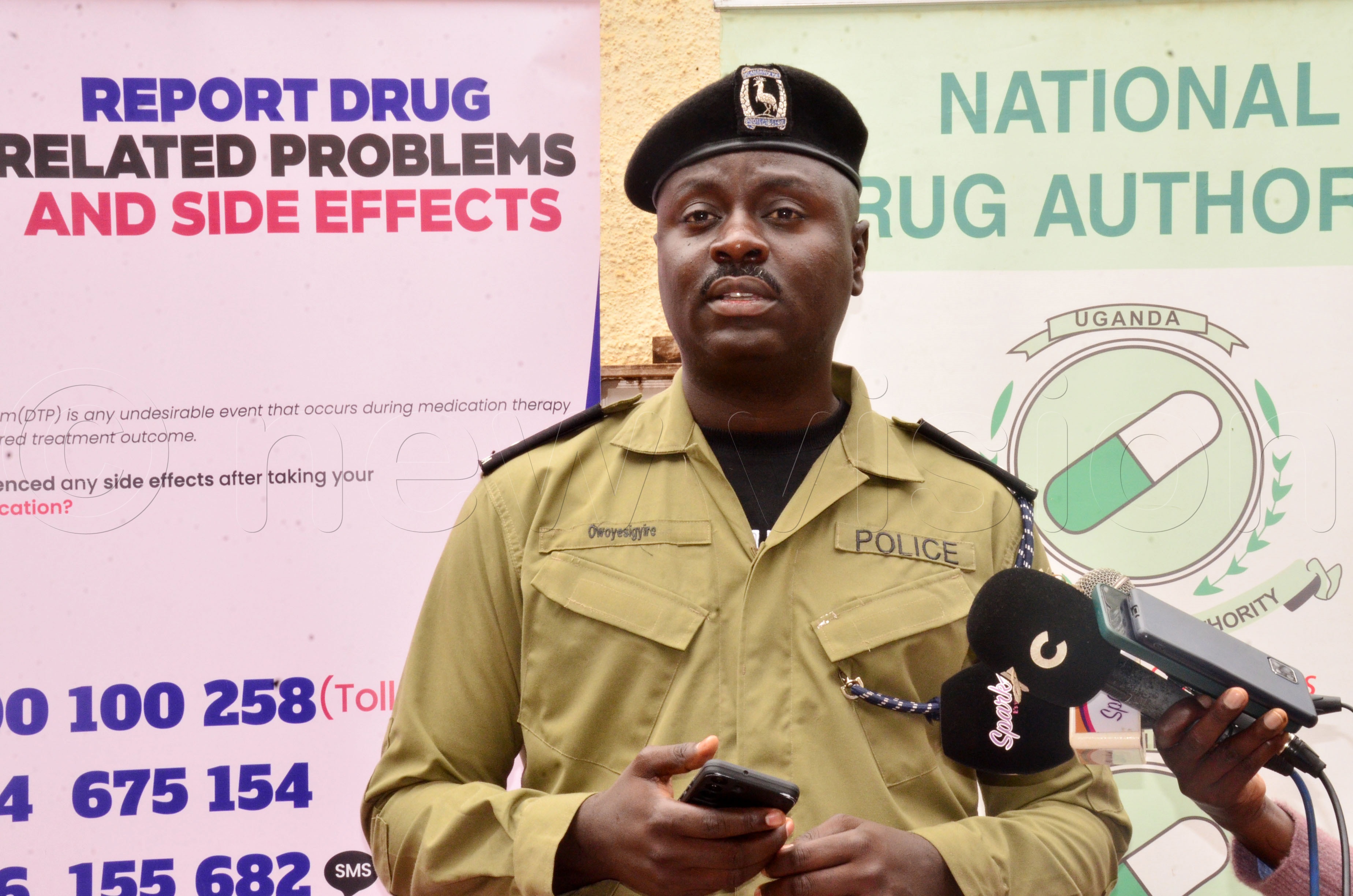 The deputy spokesperson of the Kampala Metropolitan Police Luke Owoyesigire addressing journalists at Wandegeya Police Station on August 18 2025. (Photo by Agnes Kyotalengerire)