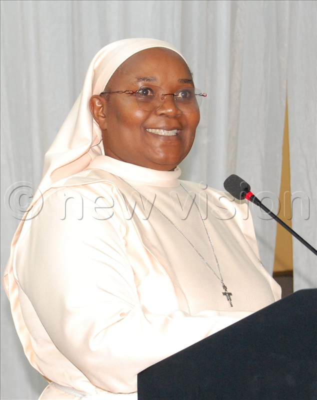 The Headteacher of Mount St. Mary's College Namagunga, Rev. Sr. Regina Nabawanuka delivers her speech during the school's fundraising dinner at Hotel Africana in Kampala on Thursday, December 4, 2025.