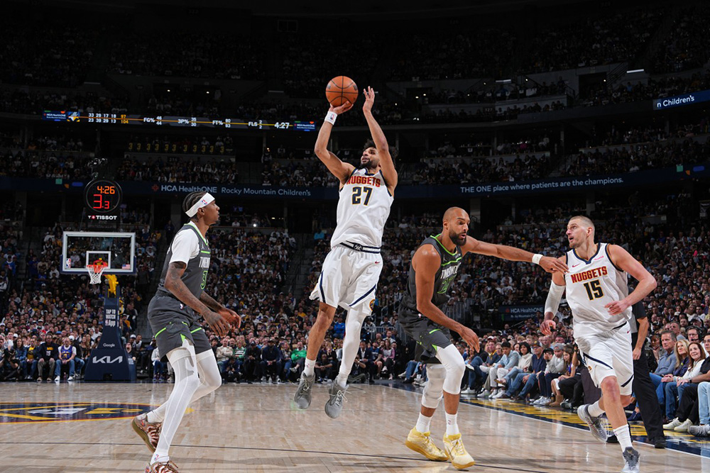  Jamal Murray #27 of the Denver Nuggets shoots the ball during the game against the Minnesota Timberwolves during Round One Game One of the 2026 NBA Playoffs on April 18, 2026 at Ball Arena in Denver, Colorado. (Garrett Ellwood/NBAE via Getty Images/AFP)