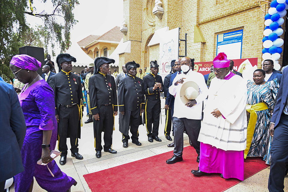 President Yoweri Kaguta Museveni and Archbishop of Kampala Archdiocese Most Rev. Paul Ssemogerere leaving the  Cathedral during the Celebrations to mark 100 years of the St. Mary’s Cathedral of Lubaga, which is also Kampala Archdiocese Day on October 26, 2025.