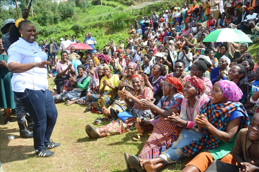 The senior presidential adavisor on agriculture and rural development Peace Rugambwa (left) addressing NRM supporters during a campaign meeting at Muko town council in Rubanda district on Tuesday November 11, 2025.