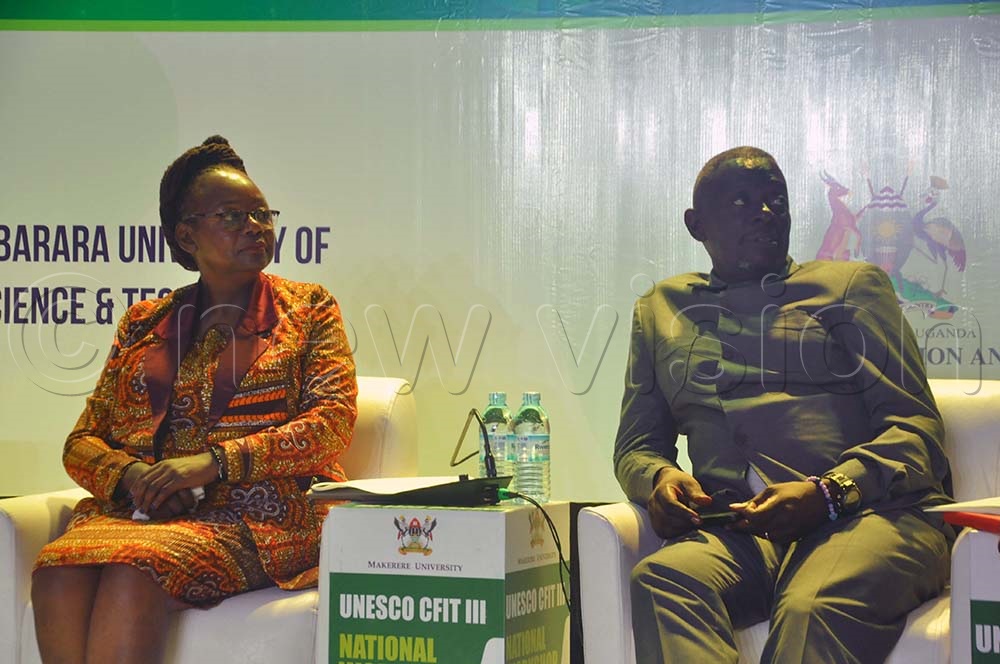 Okello (Left), the dean of the School of Engineering, Makerere University and Ssejjoba (Right), the commissioner for university education and training at the Ministry of Education and Sports during the ‘Reimagining Higher Education for a Skills-Based, Innovation-Led Economy’ workshop held at the College of Engineering, Makerere University. (Credit: John Odyek)