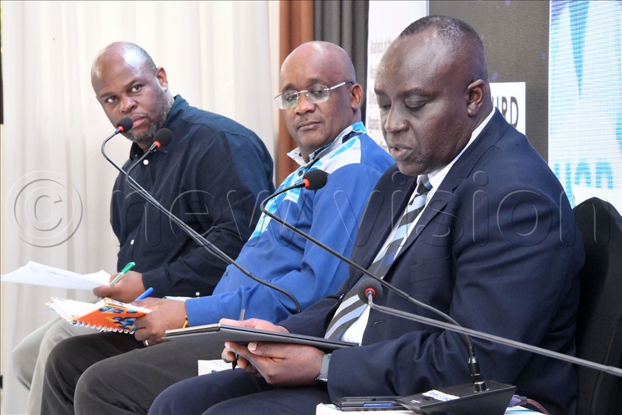 (L-R) Dr. Eric Tabusibwa, Team Lead, Result-Based Financing (RBF) unit, MoH,  Julius Mukunda, Executive Director, Civil Society Budget Advocacy Group (CSBAG) and Patrick Paul Mwanja, Commissioner for Infrastructure & Social Services, Ministry of Finance, during a panel discussion on the Health Financing dynamics in the wake of dwindling donor funding in Uganda.