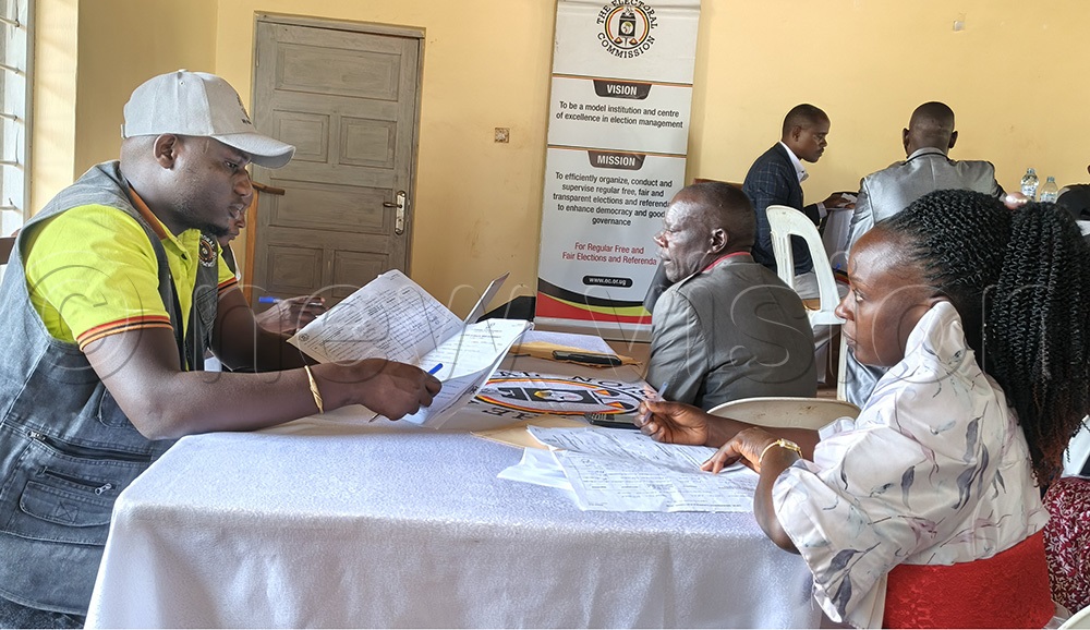 Some of the political aspirants presenting their documents to the Electoral Commission officials at Ssaza in Mityana. (Photo by Luke Kagiri)