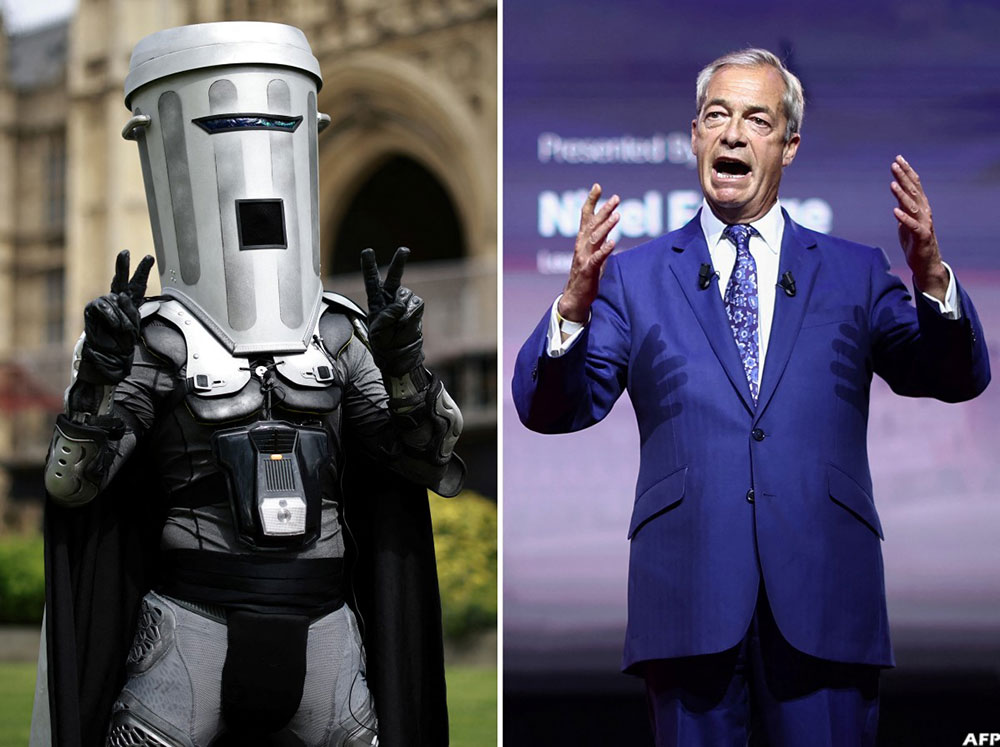 Count Binface takes on hardline anti-immigrant politician Nigel Farage (R) on Thursday in the Clacton by-election