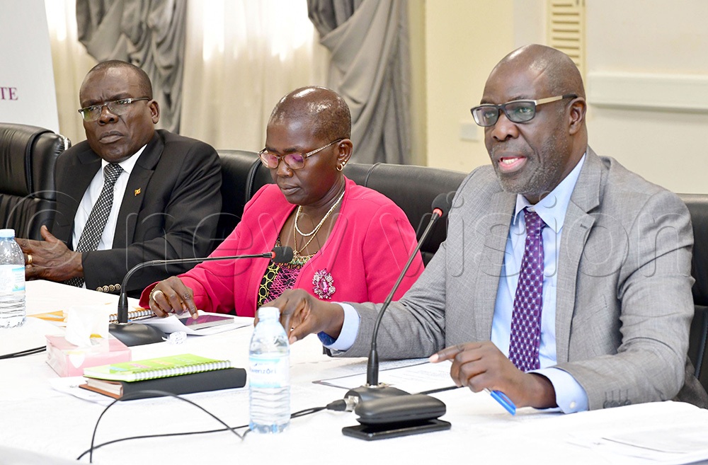 Deputy Chief Justice Moses Kazibwe Kawumi speaking during the Juvenile Justice Roundtable at the Court of Appeal Conference Hall on Friday, 23rd October 2026. Looking on is Principal Judge Lady Justice Jane Frances Abodo. (Photo by Mpalanyi Ssentongo)