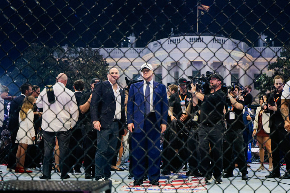 US President Donald Trump and UFC CEO Dana White stand on the Octagon at UFC Freedom 250 on the South Lawn of the White House in Washington, DC, on June 15, 2026. (AFP)