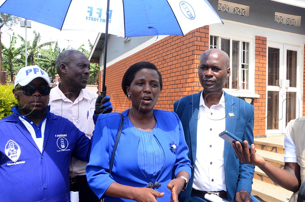Agatha Atusasire of PFF addressing the media after being nominated to contest for Mbarara City North MP. (Photo by Fred Turyakira)