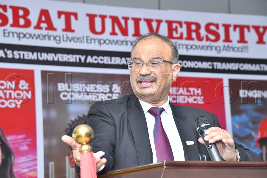 ISBAT University Director of Academic Affairs Dr Pradeep Kumar speaking during the orientation of university&nbsp;freshers at ISBAT University Kampala on Wednesday (August 12). (Credit: Richard Sanya)